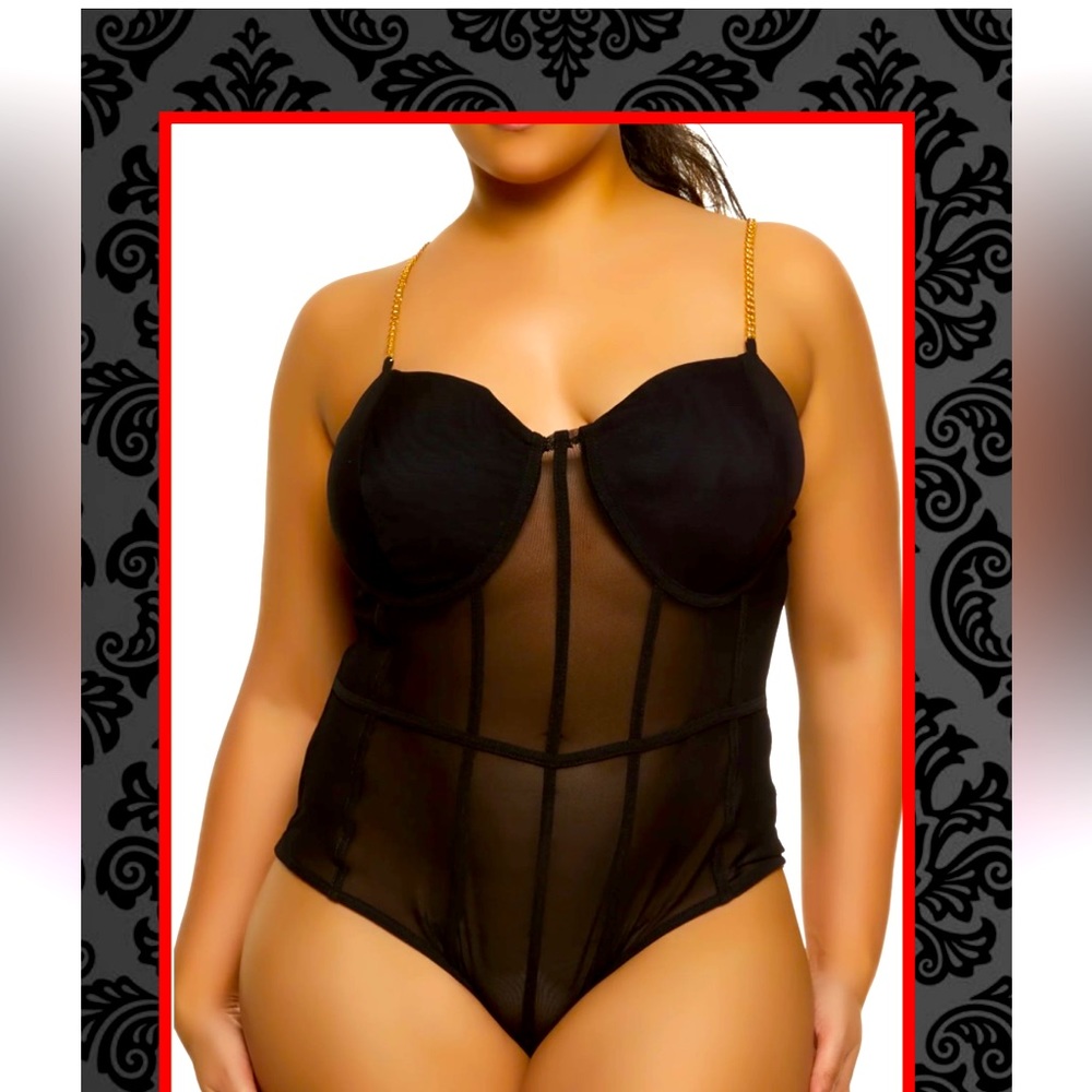NEW ❤️🥂❤️Sexy Plus Size Mesh Chain Strap Caged Bodysuit - Black❤️